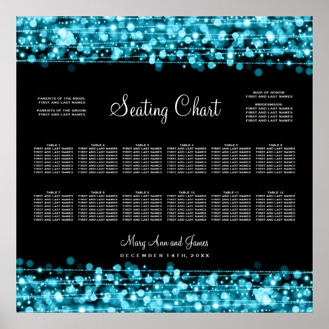 Wedding Seating Chart Party Sparkles Turquoise (Front)