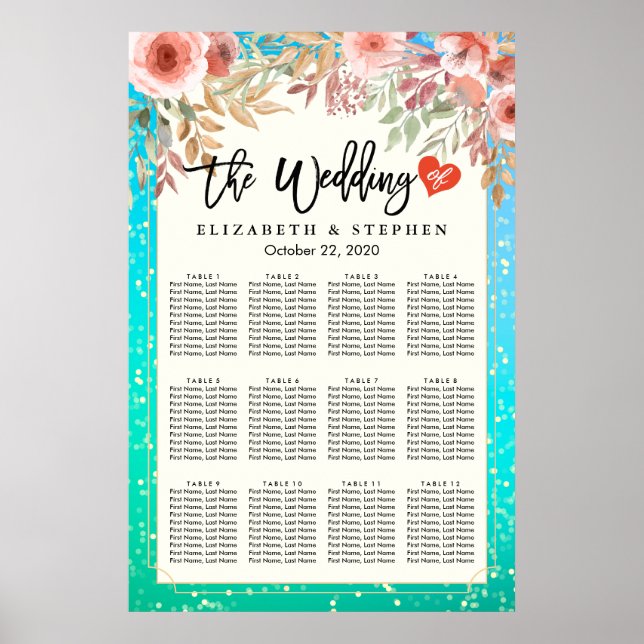 Wedding Seating Chart Pink Floral Teal Gold Dots (Front)
