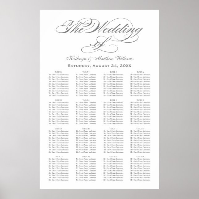 Wedding Seating Chart Poster | Grey Calligraphy (Front)