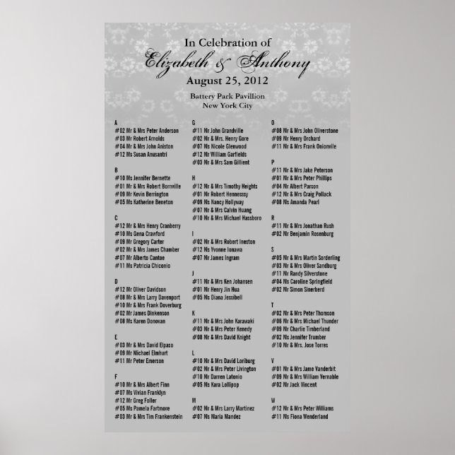 Wedding Seating Chart Poster White Floral 36x60 (Front)
