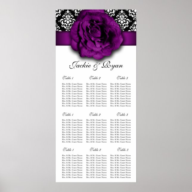 Wedding Seating Chart Purple Rose Damask (Front)
