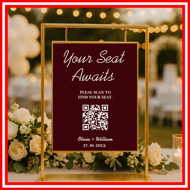 Wedding Seating Chart QR Burgundy & Ivory Rustic (Creator Uploaded)