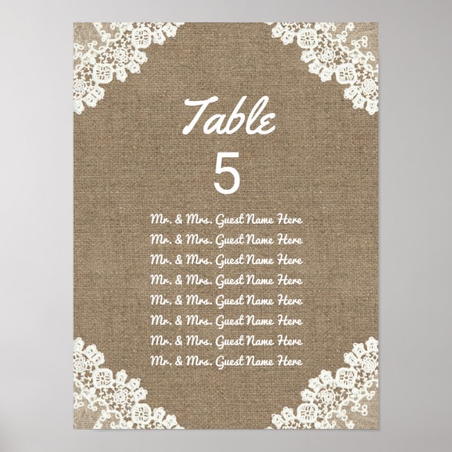 Wedding Seating Chart | Rustic Burlap & Lace (Front)