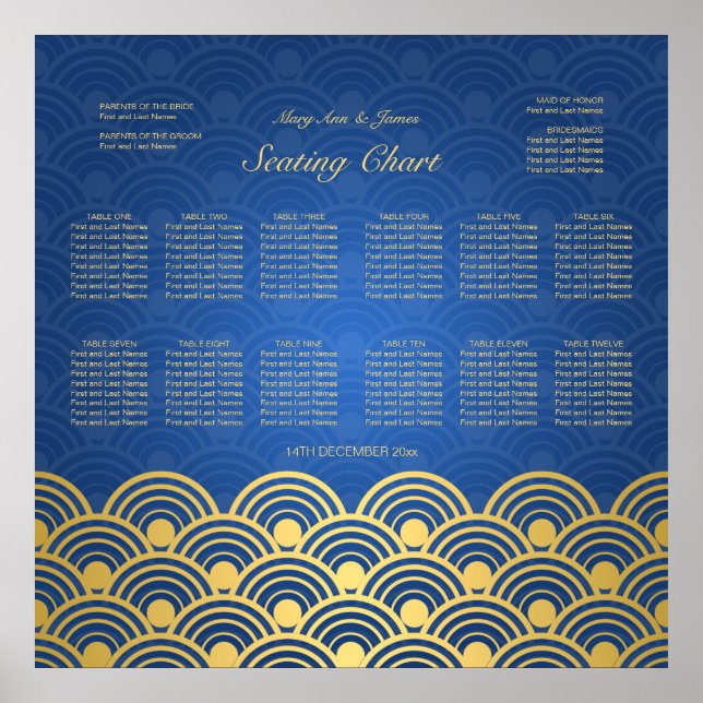 Wedding Seating Chart Scalloped Blue Gold (Front)