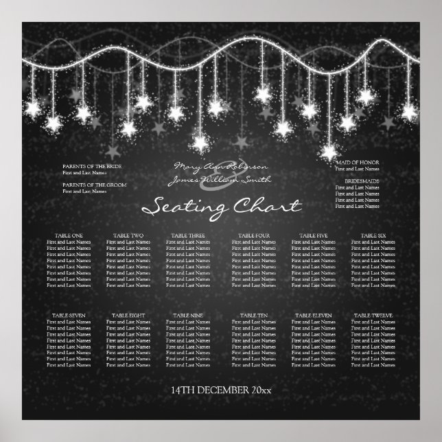 Wedding Seating Chart Shimmering Stars Black (Front)