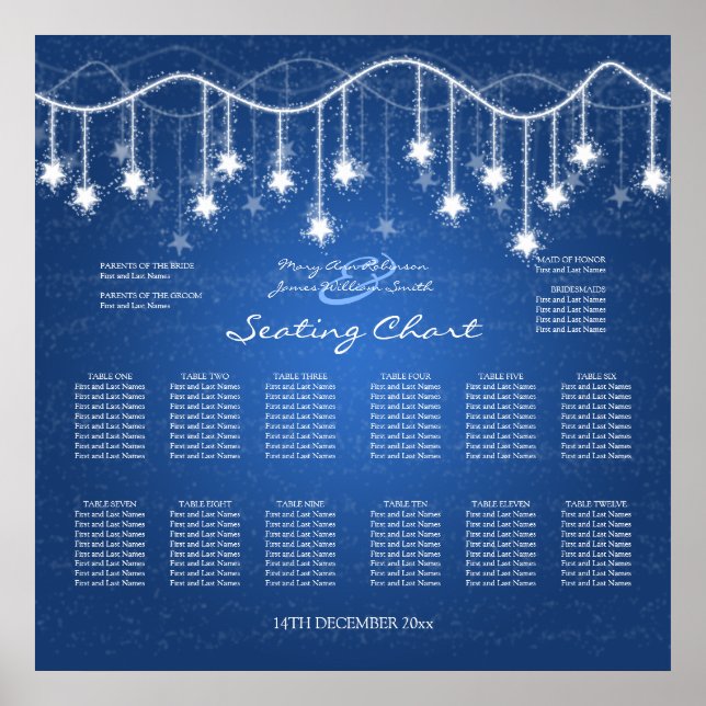 Wedding Seating Chart Shimmering Stars Blue 2 (Front)