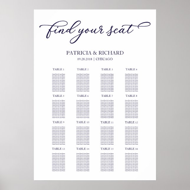 Wedding Seating Chart Sign Chic Navy Blue (Front)