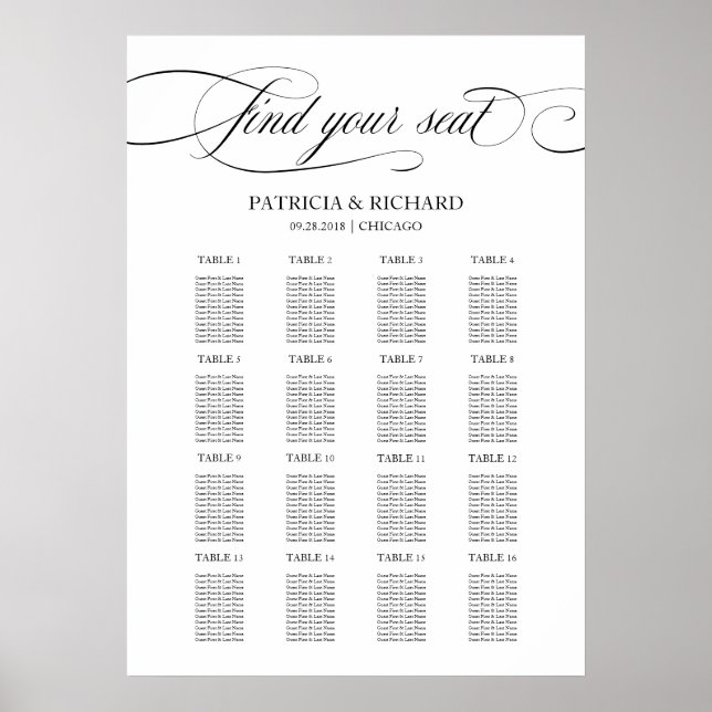 Wedding Seating Chart Sign Elegant Black Script (Front)