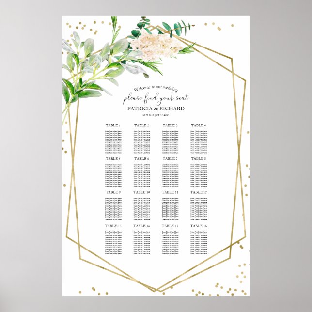 Wedding Seating Chart Sign Elegant Greenery Gold (Front)