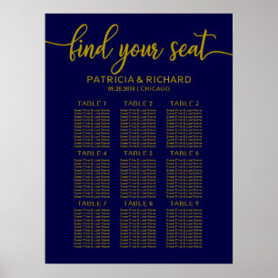 Wedding Seating Chart Sign Gold Navy Blue