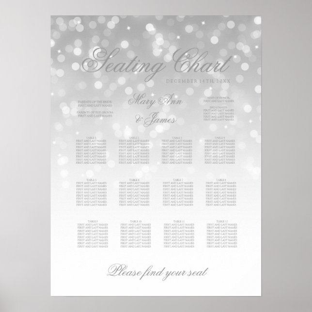 Wedding Seating Chart Silver Bokeh Sparkle Lights (Front)