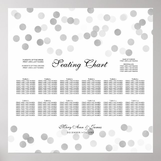 Wedding Seating Chart Silver Foil Glitter Lights (Front)