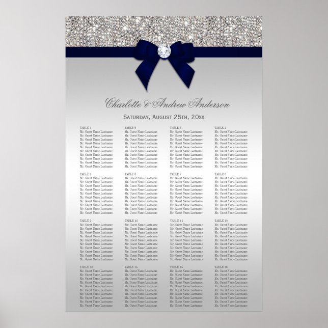 Wedding Seating Chart Silver Sequin Navy Bow (Front)