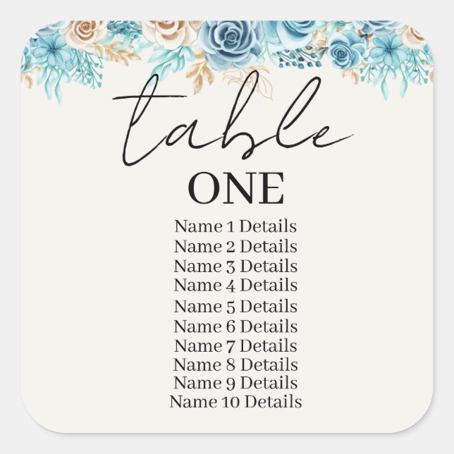 Wedding Seating Chart Table Number Add Guest Names Square Sticker (Front)