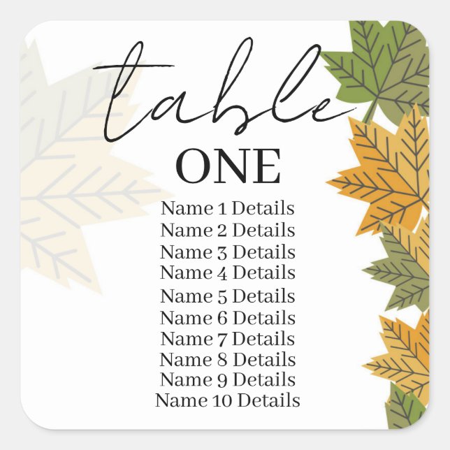Wedding Seating Chart Table Number Add Guest Names Square Sticker (Front)