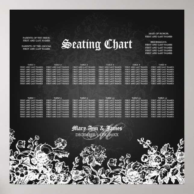 Wedding Seating Chart Victorian Flourish Black (Front)