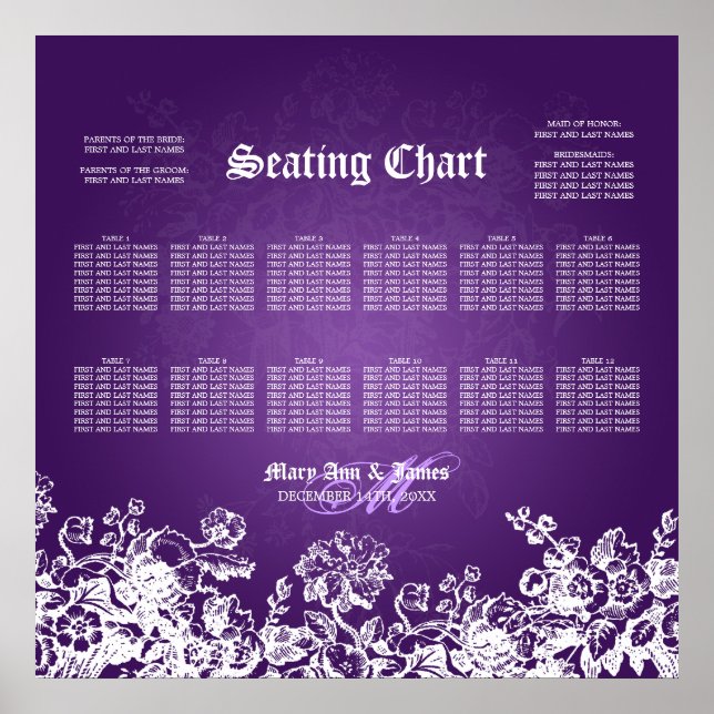 Wedding Seating Chart Victorian Flourish Purple (Front)