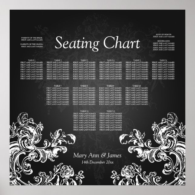 Wedding Seating Chart Vintage Swirls 2 Black (Front)