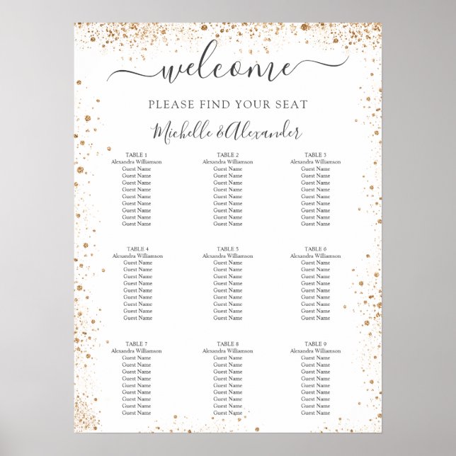 Wedding seating chart white gold glitter dust (Front)