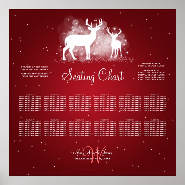 Wedding Seating Chart Winter Deer Sparkle Red (Front)