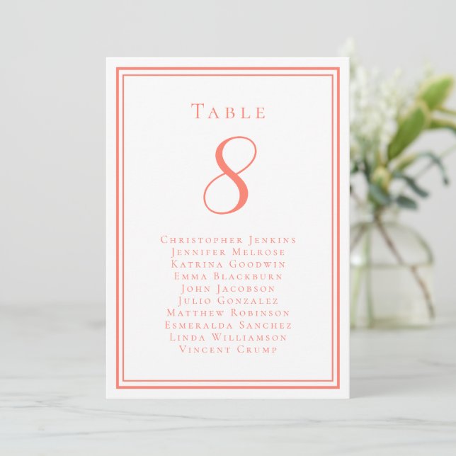 Wedding Seating Guest Table Number Coral White (Standing Front)