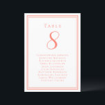 Wedding Seating Guest Table Number Coral White<br><div class="desc">Our trendy wedding table number guest list features a template for the table number & list of guests at the table. Personalise elegant lettering and script with your guest's names & details in trendy coral on a crisp white background. Perfect addition for a wedding, anniversary or large engagement party. The...</div>