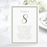Wedding Seating Guest Table Number Olive Green<br><div class="desc">Our trendy wedding table number guest list features a template for the table number & list of guests at the table. Personalise elegant lettering and script with your guest's names & details in rustic olive green on a crisp white background. Perfect addition for a wedding, anniversary or large engagement party....</div>