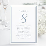 Wedding Seating List Guest Table Number Dusty Blue<br><div class="desc">Our trendy wedding table number guest list features a template for the table number & list of guests at the table. Personalise elegant lettering and script with your guest's names & details in trendy dusty blue on a crisp white background. Perfect addition for a wedding, anniversary or large engagement party....</div>