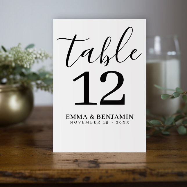 Wedding Seating - Minimal Script Black White  - Table Number (Modern, minimal table number sign for a wedding)
