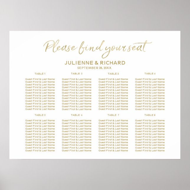 Wedding Seating Plan 8 Tables Gold Sign (Front)
