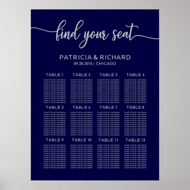 Wedding Seating Plan Board Chic Navy Blue Silver Poster (Front)