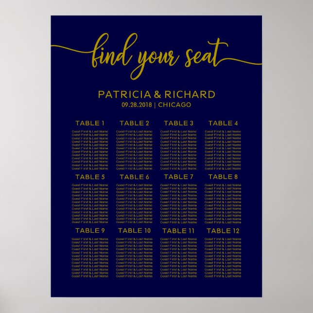 Wedding Seating Plan Elegant Gold Navy Blue Poster (Front)