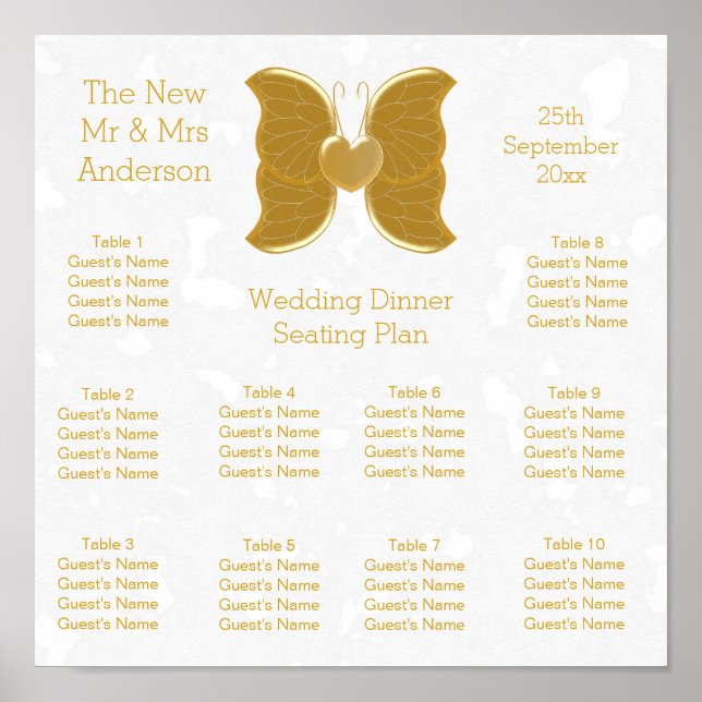 Wedding Seating Plan Gold Butterfly Heart Design Poster (Front)