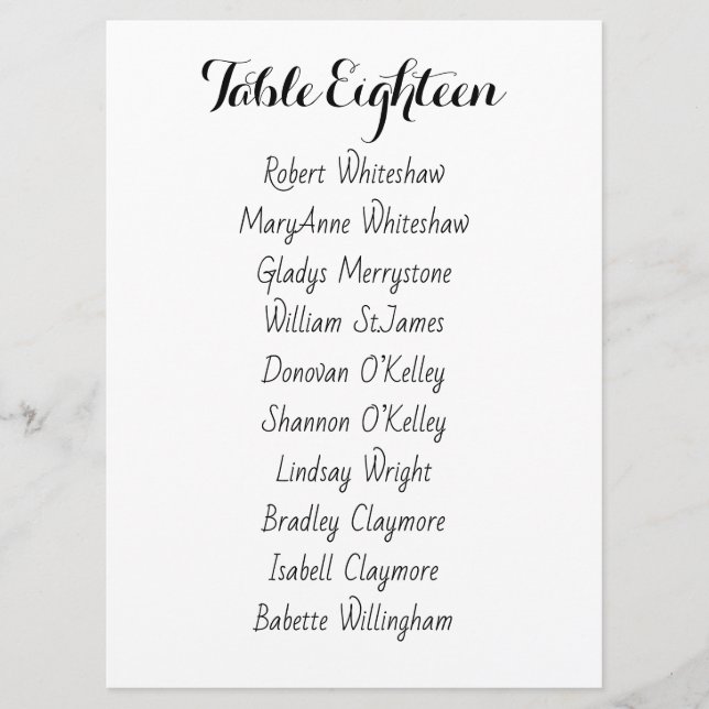 Wedding Seating Table Number Names List Sheet (Front)
