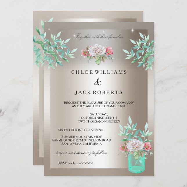 Wedding Sepia Teal Floral Mason Jar Pink Rose Invitation (Front/Back)