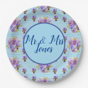 Wedding Shabby Pansy Blue Vintage Floral Flower Paper Plate