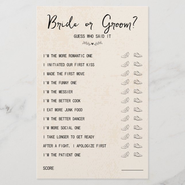 Wedding Shoe Game Bride or Groom Rustic Paper (Front)