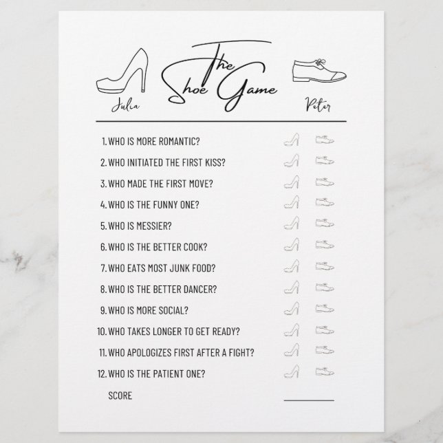 Wedding Shoe Game Questions Paper Black & White (Front)