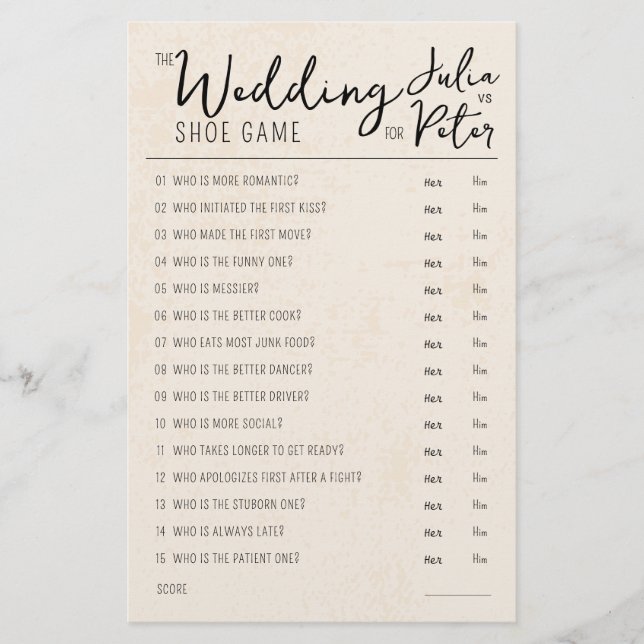 Wedding Shoe Game Questions Paper Rustic (Front)