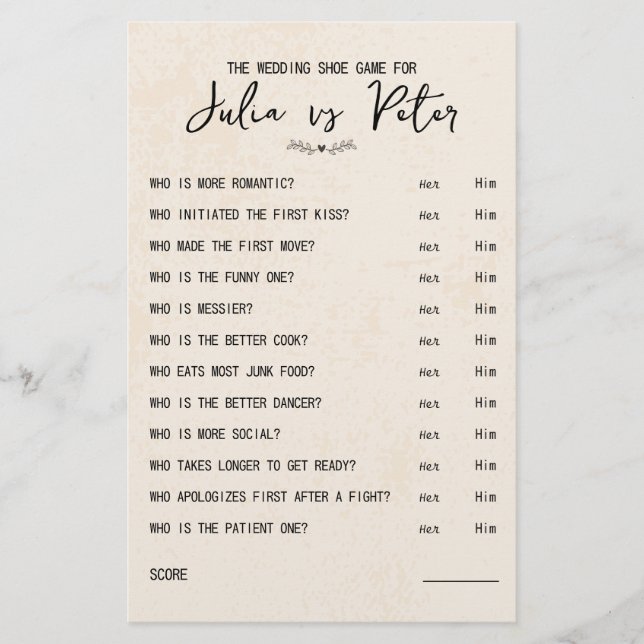 Wedding Shoe Game Questions Paper Rustic Paper (Front)