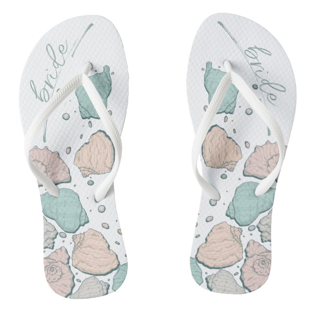 WEDDING SHOES | Modern Seashells Coral Teal Thongs (Footbed)