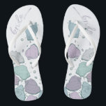 WEDDING SHOES | Modern Seashells Dusty Blue Lilac Thongs<br><div class="desc">A fun dusty blue and plum lilac seashell design. Handwritten calligraphy that says Bride - perfect for the bride to wear on the beach for her beach wedding ceremony. Design created for TheBarefootBride™ by © WhimsicalArtwork™. This is part of a wedding stationery suite collection with matching wedding accessories also baby...</div>