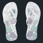WEDDING SHOES | Modern Seashells Dusty Blue Lilac Thongs<br><div class="desc">A fun dusty blue and plum lilac seashell design. Handwritten calligraphy that says Bride - perfect for the bride to wear on the beach for her beach wedding ceremony. Design created for TheBarefootBride™ by © WhimsicalArtwork™. This is part of a wedding stationery suite collection with matching wedding accessories also baby...</div>