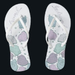 WEDDING SHOES | Modern Seashells Lilac Dusty Blue Thongs<br><div class="desc">Cute dusty blue and plum lilac seashell design. Handwritten calligraphy that says bridesmaid- perfect for the bridesmaid to wear on the beach for a beach wedding ceremony. Design created for TheBarefootBride™ by © WhimsicalArtwork™. This is part of a wedding stationery suite collection with matching wedding accessories also baby shower and...</div>