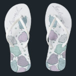 WEDDING SHOES | Modern Seashells Lilac Dusty Blue Thongs<br><div class="desc">Cute dusty blue and plum lilac seashell design. Handwritten calligraphy that says bridesmaid- perfect for the bridesmaid to wear on the beach for a beach wedding ceremony. Design created for TheBarefootBride™ by © WhimsicalArtwork™. This is part of a wedding stationery suite collection with matching wedding accessories also baby shower and...</div>