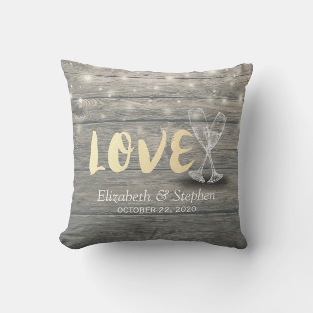 Wedding Shower Champagne Glasses Wood String Light Cushion (Front)