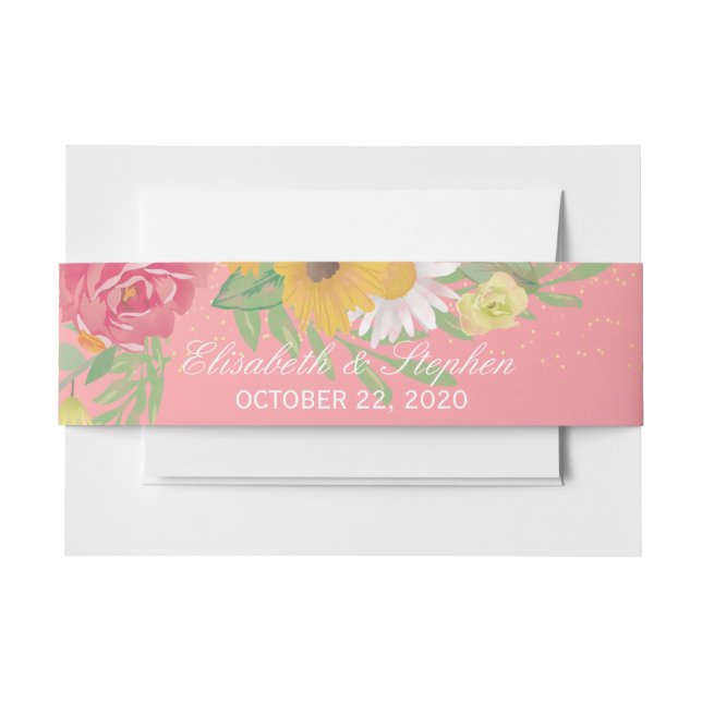 Wedding Shower Chic Rose Flowers Pink Gold Glitter Invitation Belly Band (Front Example)