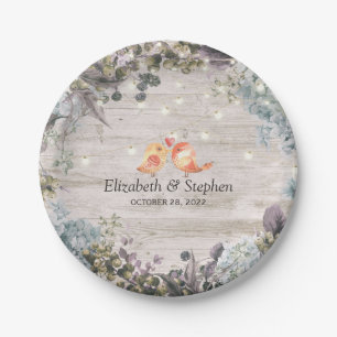 Wedding Shower Floral String Lights & Rustic Wood Paper Plate