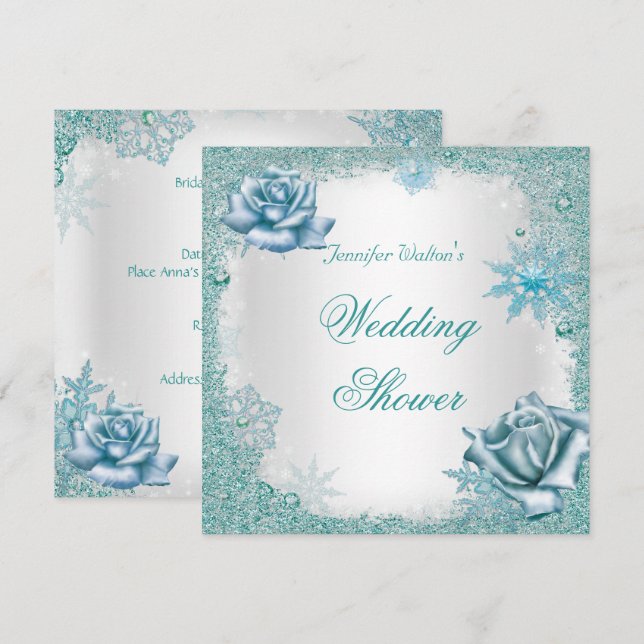 Wedding Shower Glitter Teal Blue White Roses Invitation (Front/Back)