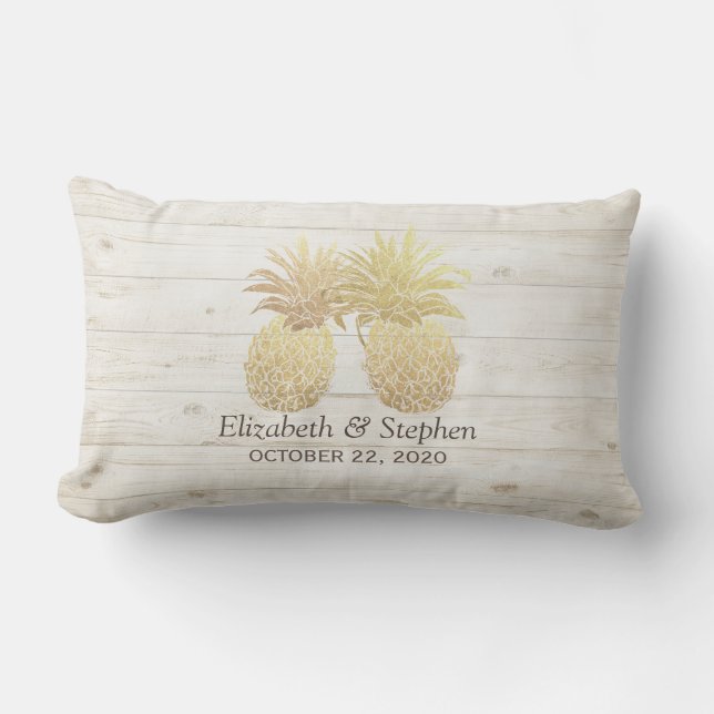 Wedding Shower Golden Pineapple Couple Rustic Wood Lumbar Cushion (Front)
